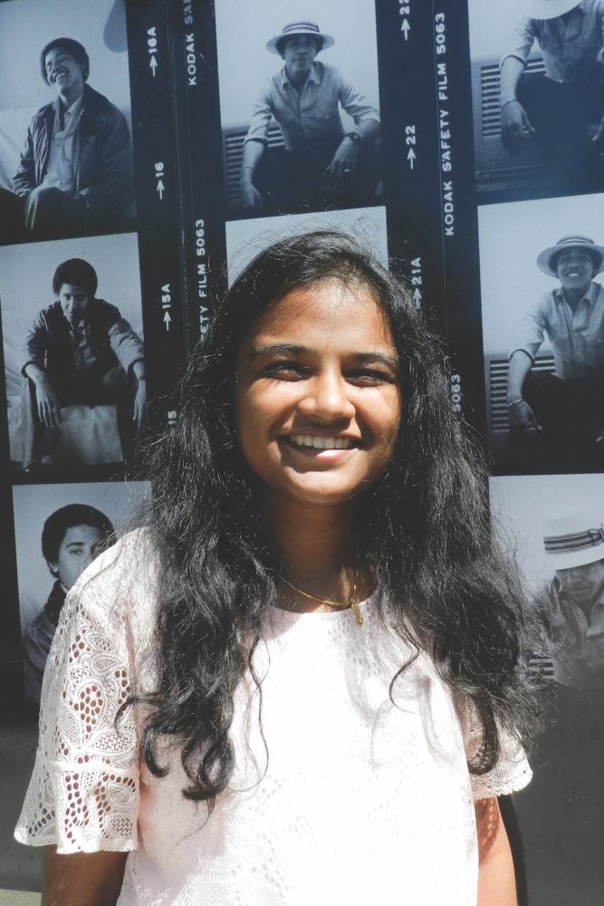 Sherin Aboobucker (first year) outside of Haines Hall at Occidental College in Los Angeles